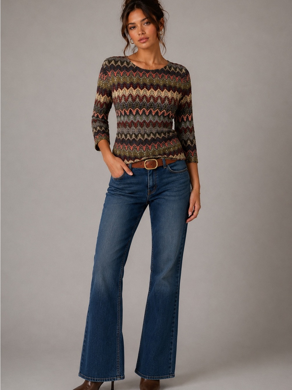 Jaipur Green Brown Orange chevron Boho Aztec tribal Zigzag Knit Top 3/4 Sleeve S